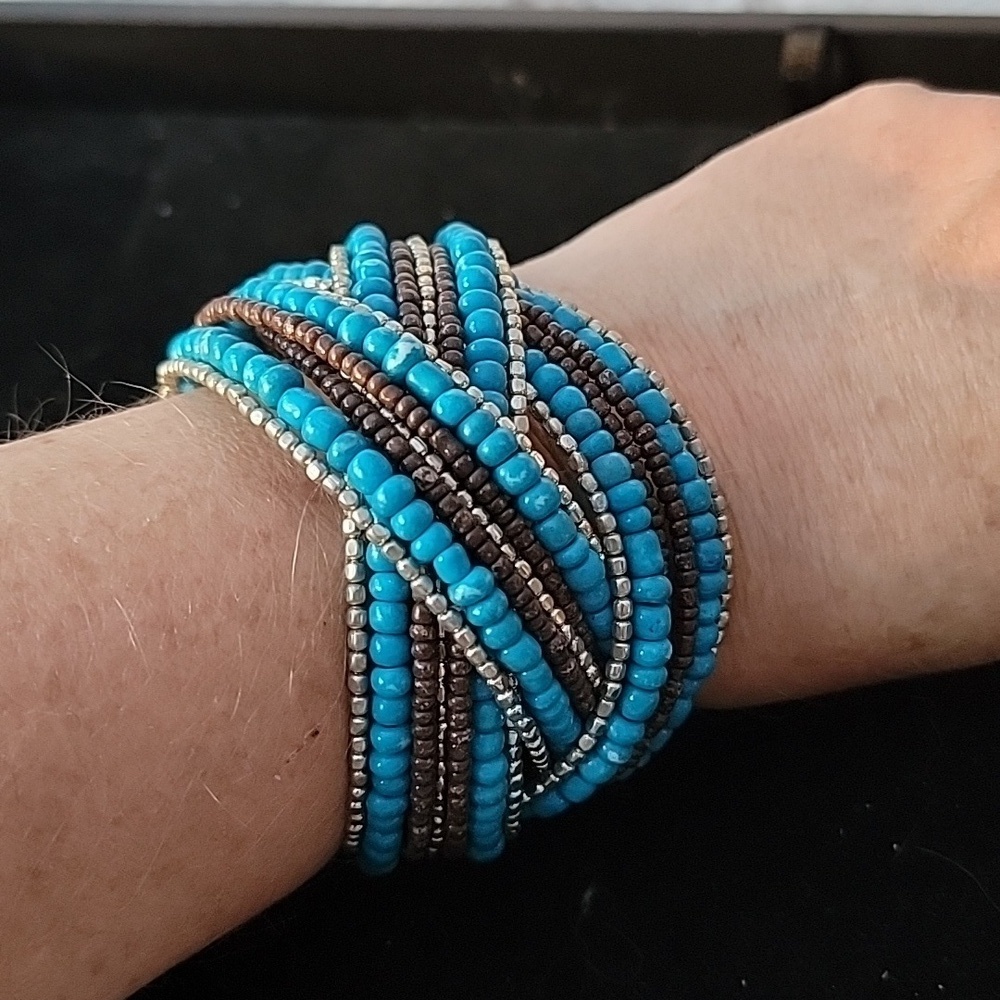 Turquoise Gray Siver Seed Bead Bangle Wrap Bracelet 2" Wide Criss Cross Cuff - Picture 4 of 6